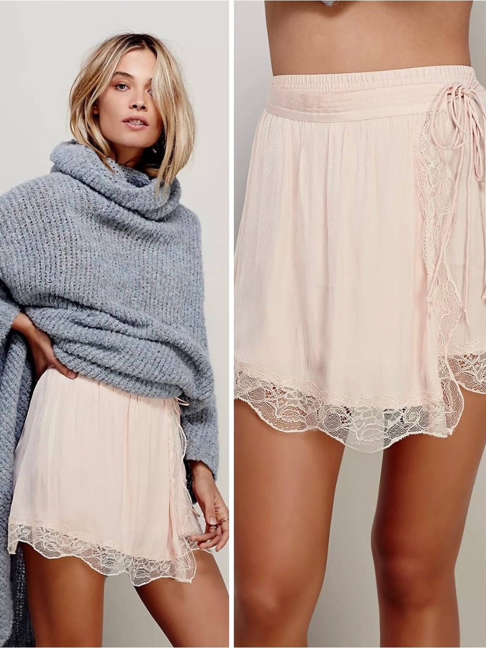 Free People Tied Half Slip Wrap Lace Mini Skirt Pink Polka Dot